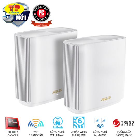Bộ Mesh Wifi ASUS XT8 (W-2-PK) ZenWiFi 6 Chuẩn AX6600, 3 băng tần, AiProtection, Parental Control